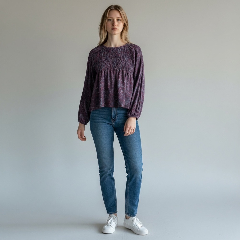 Staring at Stars Purple Paisley Print Gathered Smocked Blouse Balloon L/S Size L